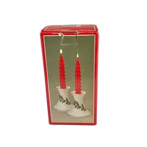 Vintage Porcelain Ware Pair Candle Holders Christmas Holly Made In Japan